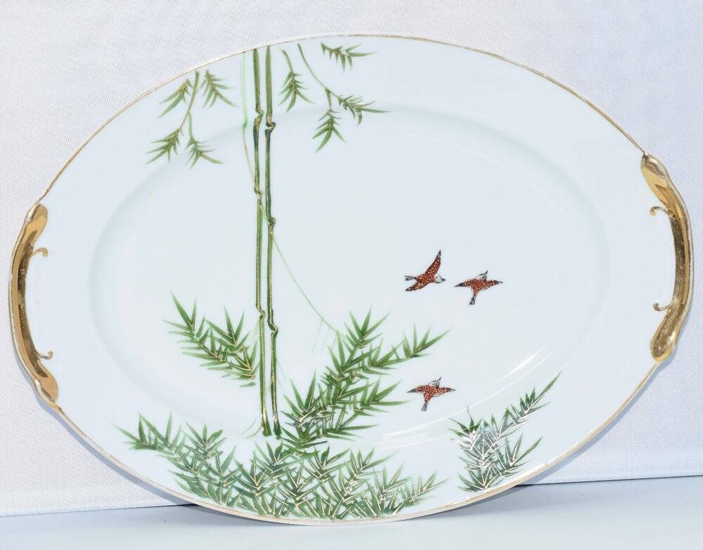 KUTANI Porcelain Gold Gilded Serving Platter Bamboo Trees and Birds Pattern 12"